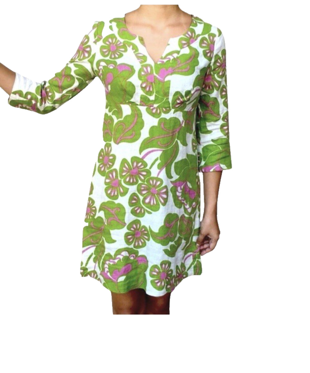 Boden Tunic Dress Womens 4 Tropical Floral Green 100% Linen Vacation Resort Wear